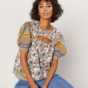 Anthropologie Current Air Bohemian Cut Out Puff Sleeve Cotton Top Small